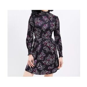 LOFT Paisley Print Dress Smocked Mock Neck‎ Long Sleeve Black Purple Size 2